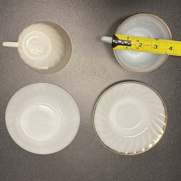 Vintage Fire King Set of 2 Cup and Saucer Gold Trimmed Swirl Pattern Milk Glass - Picture 6 of 7